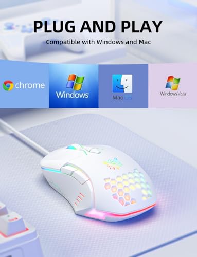 Wired PC Gaming Mouse: High Precision Sensor,RGB Backlit, Adjustable DPI, 7 Buttons Programmable,Ergonomic mice for Office & Gaming on Windows/Mac/Linux/Chrome-White - color: White