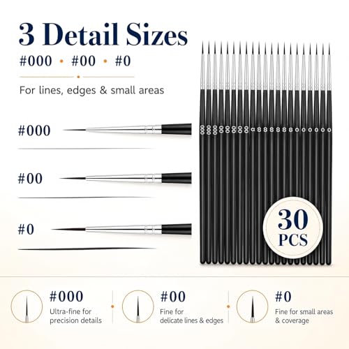 30 Pcs Tiny Detail Paint Brushes Set – Fine #0#00#000 Liner Brushes for Miniature, Model, Acrylic & Watercolor, Precision Craft Brushes for Easter Egg Painting, Spring DIY & Holiday Art