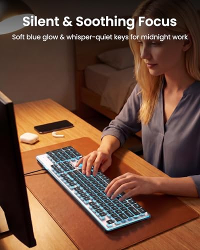 SEUNKWANG Wired Backlit Keyboard with Pudding Keycaps, Quiet Full Size Computer Keyboard Blue Backlight Easy-to-Read, Never Fade, Metal Panel, USB Cute Desk Setup for Windows PC Desktop, Black - color: Black-blue