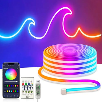 16.4FT Neon Rope Lights,Flexible RGB+IC LED Strip Lights,Remote Control,Multiple Modes,for Living Room,Bedroom,Holiday Decoration - size: RGBIC-5M