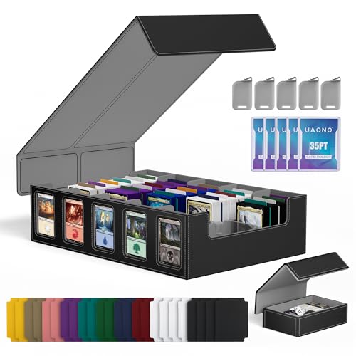 UAONO 5-Row Trading Card Storage Box with Commander Display, Black Grey | 3900+ Card Box with Removable Cover, Card Case Fits MTG TCG Sports Cards, 48 Dividers, 5 Stoppers, 5 Top Loaders, Dice Box - color: Black&Gray, size: 5 row