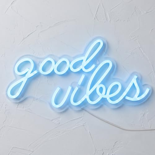 DECANIT Good Vibes Neon Sign Ice Blue, USB Powered LED Wall Decor | 16.1 x 8.3 in non-dimmable ice blue LED sign for game room, man cave, bar, streaming setup, or bedroom - color: Blue