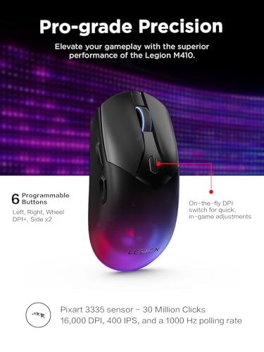 Lenovo Legion M410 Wireless RGB Gaming Mouse – 6 Button Palm Grip Mouse with 16,000 DPI, 53 Hour Rechargeable Battery, 2-Zone RGB Lighting, NVIDIA Reflex Compatible - color: Translucent, size: Medium | Right Handed, style: M410