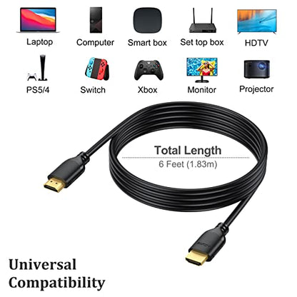 4K HDMI Cable 6FT 2-Pack, HDMI to HDMI Cable 6 Foot High Speed HDMI 2.0 Cord Supports 4K@60Hz, 2K 1440P@144Hz, 1080P, HDCP 2.2, HDR, 3D, ARC & Ethernet - size: 6FT