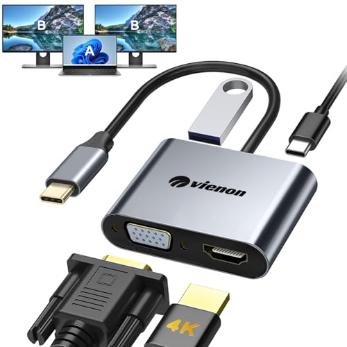 VIENON USB C to HDMI VGA Adapter for Dual Monitor, 4 in 1 USB C Hub with 4K HDMI, 1080P VGA, USB 3.0 5Gbps, 100W PD Compatible for MacBook Air/Pro, Dell XPS, Surface, iMac More - style: 4-in-1