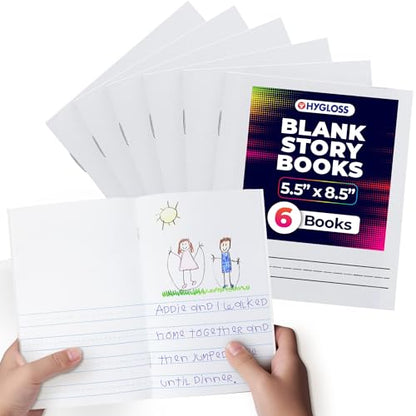 Hygloss Half Blank Books for Kids to Write Stories & Illustrate – Bulk 6 Pack – 5.5" x 8.5" A5 – Primary Journal for Grades K-2, Preschool/Kindergarten Notebook with Picture Space – 24 Pages, White - color: White, style: 6 Books