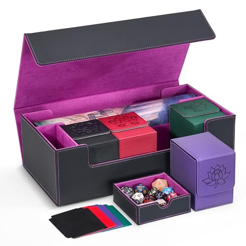 MTG Card Box Set with 4 Deck Boxes and 8 Dividers | Trading card organizer includes a dice box and fits a playmat, compatible with Magic, TCG and CCG cards, Black & Purple - color: 5. Card Box Set Black & Purple, size: 4 Deck Card Box