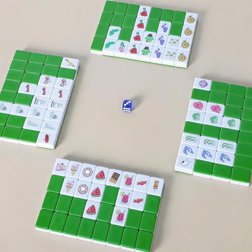 GRACIAS 4 Players Mahjong Block Set, 128 Green Tiles(1.18”) with 4 Different Patterns, Portable Mahjong Set with A Carry Bag & English Instruction, Mahjong Tile Game