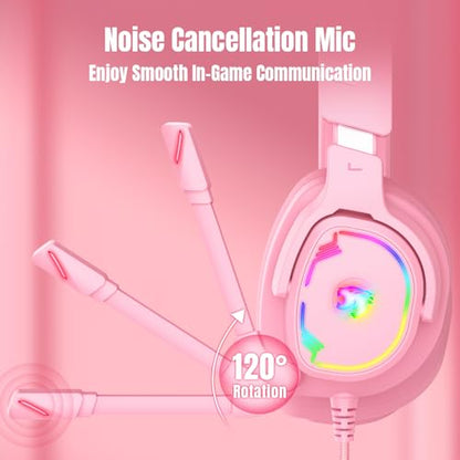 Jimonyer Gaming Headset with Microphone, 7.1 Surround Sound and Noise Canceling Over Ear Headphones for PC/PS4/PS5/Xbox Series/Switch, RGB Light and Soft Imitation Protein Earmuffs (PinkCat) - color: PinkCat