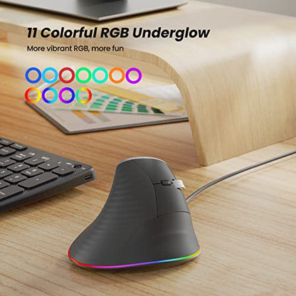 Nulea 11개의 RGB 백라이트와 6개의 버튼이 있는 인체 공학적 수직 마우스 유선 | 4개의 조절 가능한 DPI가 있는 USB 광학 마우스, 노트북, PC, 맥, 데스크톱, 사무실 사용을 위한 플러그 앤 플레이 디자인 - color: A-그레이