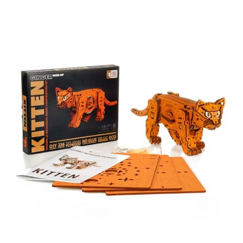 3D Wooden Puzzle for Adults, Mechanical Cat Wooden Model Kits to Build, 236PCS DIY Assembly Pet Jigsaw Puzzle Animal Brain Teaser, Building Toy Gift, KIT Version - color: Orange