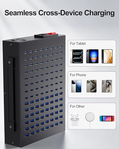 112-Port 800W USB Charging Station, USB C Charger for Multiple Devices, Multi Port Desktop Charging Hub with Smart IC Protection, Ideal for Co-Working Spaces, Libraries, Restaurants & Schools