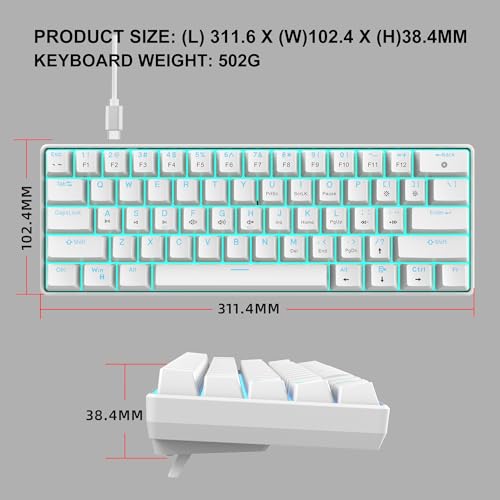Snpurdiri Portable 60% Mechanical Gaming Keyboard (White,Red Switches) | Ice Blue LED Backlit 61 Keys Mini Wired Office Keyboard for Windows Laptop PC Mac - color: White(Ice Blue Light)/Red Switch