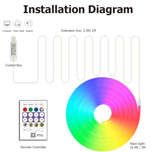 16.4ft LED Neon Rope Lights, RGB Plus IC Strip Lights, IP68 Waterproof Flexible Rope Light with APP and Remote Control, Dimmable Neon Strip for Gaming Room Living Room Bedroom Indoor Outdoor Decor