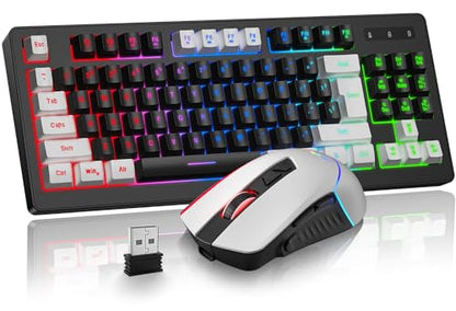BlueFinger Wireless Gaming Keyboard and Mouse Combo, RGB Rainbow Backlit Rechargeable Battery, 87 Keys TKL Light Up Keyboard with Ergonomic Gaming Mouse for Mac Laptop Computer PC Gamer(White & Black) - color: White & Black