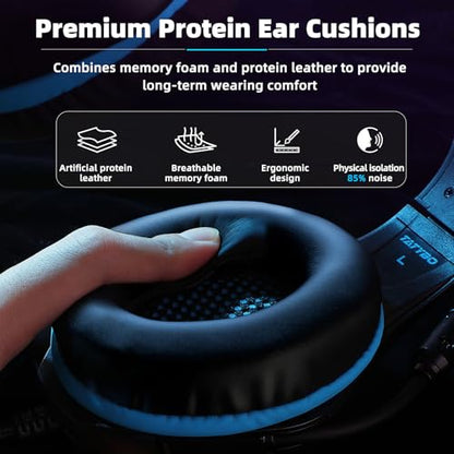 Tatybo Gaming Headset for PS5 PC, Noise Canceling Mic, RGB, Black Blue | Over Ear, Deep Bass Stereo Sound for FPS, Battle Royale, Lightweight Headset for Xbox, PS4, Mobile, Nintendo, 3.5mm devices - color: Black Blue