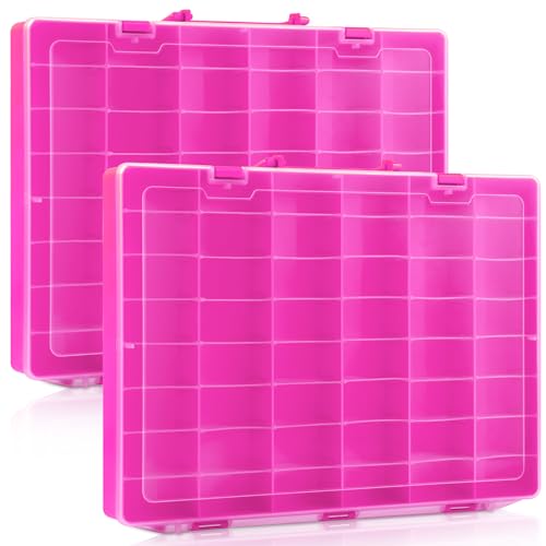 2 Pcs Large 48 Grids Plastic Storage Bead Organizer Box, Tackle Box, Compartment Organizer Container with Adjustable Dividers for Jewelry Art Crafts Toys Screw Small Parts(Pink) - color: Pink
