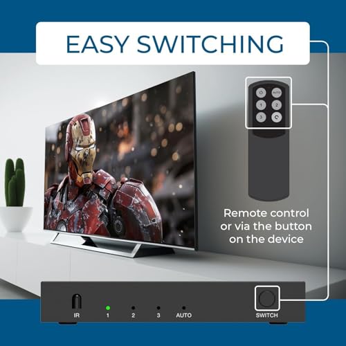 OREI 8K 3-Port HDMI 2.1 Switch, 3-in 1-Out, 8K@60Hz, Manual & Auto Switch | hdmi switch with remote, hdmi switch 4k 120hz, HDR10+, Dolby Vision, VRR, ALLM, CEC, PS5/Xbox compatible - size: 3x1 8K HDMI Switch