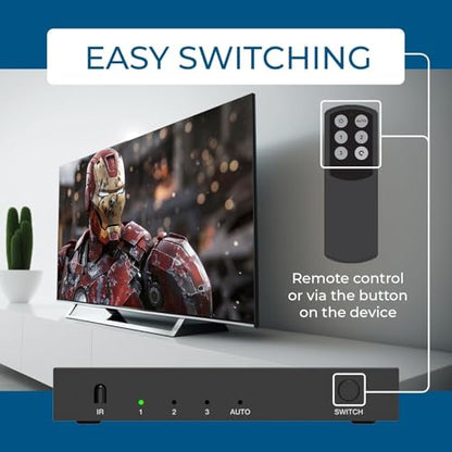 OREI 8K 3-Port HDMI 2.1 Switch, 3-in 1-Out, 8K@60Hz, Manual & Auto Switch | hdmi switch with remote, hdmi switch 4k 120hz, HDR10+, Dolby Vision, VRR, ALLM, CEC, PS5/Xbox compatible - size: 3x1 8K HDMI Switch