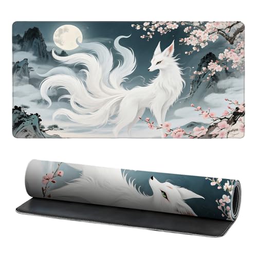 Large Fox Mouse Pad, Chinese Landscape Gaming Desk Mat 31.5X15.7 | HD Print, Non Slip Rubber Base, Waterproof Fabric Top, Stitched Edges, Ideal Gift for Dorm, Home, Office & Back to School - color: Pink
