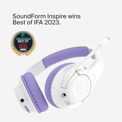 Belkin SoundForm Inspire Bluetooth Kids Headphones, 35H Battery Life | Over-ear wireless headset, built-in mic, 85dB safe volume limit, online learning, travel, iPad, iPhone, Galaxy - color: Lavender, style: Wireless
