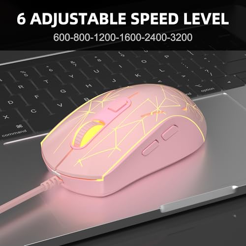 Wired Gaming Mouse, 7 Colors Breathing LED Backlit Gaming Mouse, 6 Adjustable Speeds, Ergonomic Optical Computer Mouse with 7 Buttons for Windows PC Gamers, Pink - color: Pink