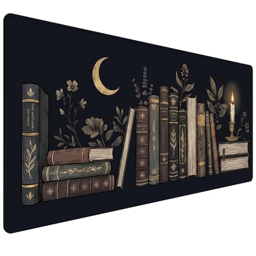 Dark Academia Desk Mat 35.4x15.7 Inch, Large Extended Mouse Pad with Bookshelf Design, Non-Slip Waterproof Desk Pad for Study, Home Office & Reading Setup - color: Black Bookshelf