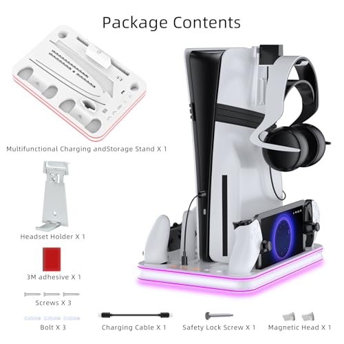 PS5 Pro/PS5/Slim/Stand and Cooling Station with LED,Charging Station for PlayStation Portal & PS5 Controller, Headset and Remote Holders (White) - color: White