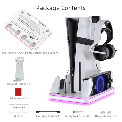 PS5 Pro/PS5/Slim/Stand and Cooling Station with LED,Charging Station for PlayStation Portal & PS5 Controller, Headset and Remote Holders (White) - color: White