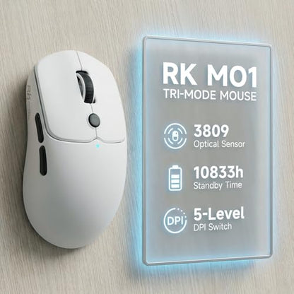 RK ROYAL KLUDGE MO1 Wireless Mouse, 55g Ultra-Lightweight Computer Mice, 6 Programmable Buttons, 2.4GHz/Bluetooth/Wired, 6000 DPI Optical Sensor, White - color: White