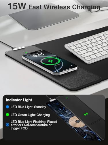 Wireless Charging Mouse Pad, 31.5"x11.8" Large Desk Mat, Smooth Glide | Waterproof Mousepad, Stitched Edge, Non-Slip Rubber Base, Desk Pad Computer Keyboard Mat, No Adapter - color: Black-31.5"x11.8"