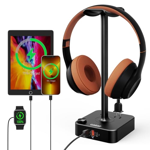 COZOO Headphone Stand with USB Charger Desktop Gaming Headset Holder Hanger with 3 USB Charging Station and 2 Outlets Power Strip,Suitable for Gaming, DJ,Wireless Earphone Display, Gamer Gifts for Men | Gaming Headset Stand Holder for Desk, 3 USB(1 USB C)
