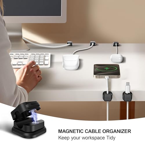 12 Pack Magnetic Cable Clip Organizer Cord Holder, Picozon Adhesive Cable Management, Wire Phone USB Charger Cable Holder, Keeper Organizer for Office Home Desktop Table - Black - size: Pack of 12