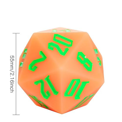55mm Silicone D20 DND Dice, Large D20 Single 20 Sided Dice | Glow-in-the-Dark D20 Giant Dice with Gift Box for Dungeons and Dragons RPG Bar Pub Club Party Games (Orange Red/Green) - color: Orangered/Green