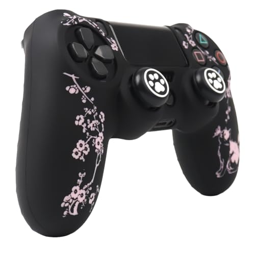 Cat Among Blossoming Branches Design Controller Skin Cover with 2 Thumb Grips Compatible with PS4/Playstation 4 Slim/Pro Controller - color: Cat Black Pink
