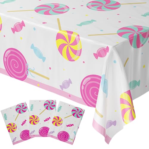 Blue Orchards Candy Table Covers (Pack of 3) - 54"x108" XL - Candyland Tablecloth, Lollipop Birthday Party Decorations Supplies, Halloween Disposable Plastic Table Cloth, Trick or Treat Tablecover - color: Candy (Pack of 3)