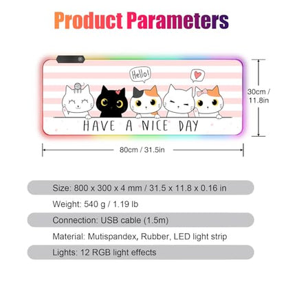 RGB Large Gaming Mouse Pad, Extended Mouse Pad with 12 Lighting Effects, Water Proof Mutispandex Surface, Non-Slip Rubber Base, 80x30 cm / 31.5×11.8 in (Cat) - color: Cat