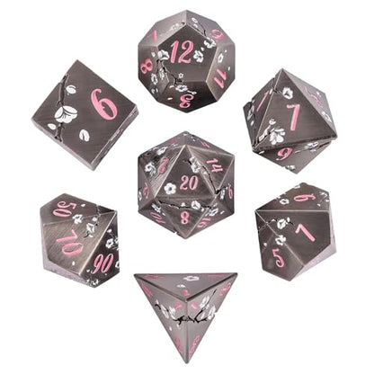 UDIXI Metal DND Dice Set, 7PCS Metal Polyhedral Dice Set Nickel for D&D RPG | White Flower, Metal Case Packaging, Heavy Metal Dice, D&D Gift, for Dungeons and Dragons Role Playing Games Tabletop Games - color: Flower/Nicklepink
