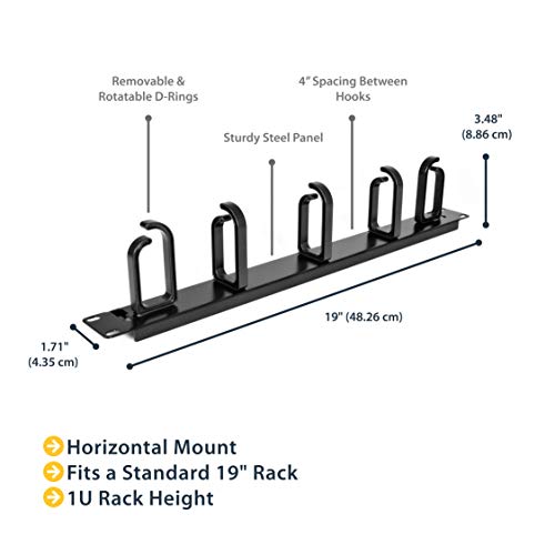 StarTech 1U 19in Rack Cable Management Panel, D-Ring, Metal (CABLMANAGER2) | Horizontal or vertical wire manager, 3in ABS plastic hooks spaced 4in, Fits 2 or 4-post racks - style: 1U Multi-Direction Rotating