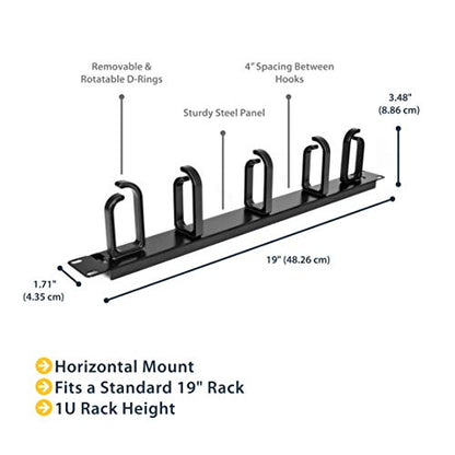 StarTech 1U 19in Rack Cable Management Panel, D-Ring, Metal (CABLMANAGER2) | Horizontal or vertical wire manager, 3in ABS plastic hooks spaced 4in, Fits 2 or 4-post racks - style: 1U Multi-Direction Rotating