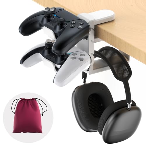 3in1 Rotating Headphone Holder - EURPMASK 3in1 PC Gaming Headset Holder w/Detachable Controller Holder, Adjustable Clamp-on Headset Stand,Headphone Hanger Hook Under Desk w/Cable Clip Organizer - color: Gaming Combo White