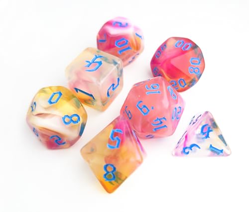 핑크 블루 혼합 D&D 주사위 세트 7피스 (레드 마블) | DND, CoC 액세서리, TTRPG, 던전 앤 드래곤, 롤 플레잉 게임 - D20 시스템 게임용 다면체 주사위 세트 - color: 레트로 레드 마블 캔디 & 블루