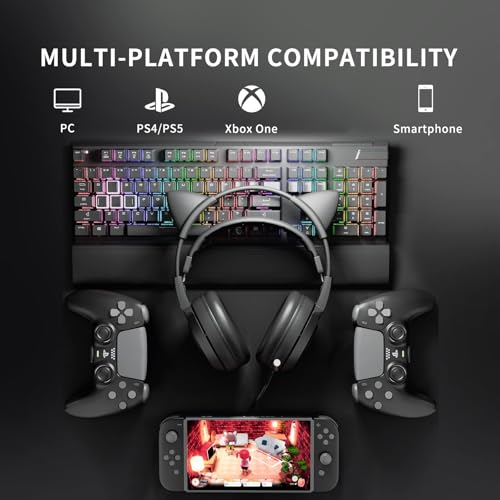 SOMIC Stereo Gaming Headset with Mic for PS4, PS5, Xbox One, PC, Mobile Phone, 3.5MM Sound Detachable Cat Ear Headphones Lightweight Self-Adjusting Over Ear Office Headphones G951S Black - color: Black