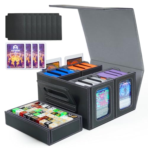 AFIING Commander Deck Box for MTG/EDH, Fits 400+ Double-Sleeved Cards, with Display Window, 4 Removable Deck Cases, Dividers, Dice Tray & Handle, Card Holders for TCG (Black Grey) - color: Black Grey