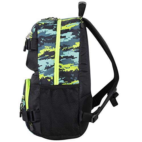 Eastsport Travel Skateboard Backpack Double Strap Laptop Bag Multi-Sport Design for Men and Women, Neon Yellow Blue Static Camo Black - color: Neon Yellow/Blue Static Camo/Black