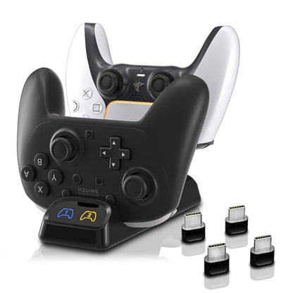 Dual Controller Charger for Switch 2 Pro, Switch Pro, PS5 & Xbox Series X/S | Charges two USB-C controllers for Switch 2 Pro, Switch Pro, PS5 or Xbox Series X/S; third-party controller fit mayvary