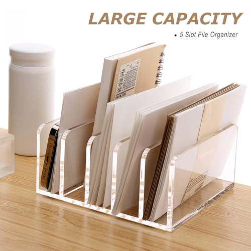 SANRUI 5 Compartments Acrylic Mail Sorter Holder, Clear Document Magazine Envelope File Rack, Vertical Letter Sorter & Multifunction Desk Organizer for Bills, Documents, Notebooks - size: 5 Compartments Rectangle