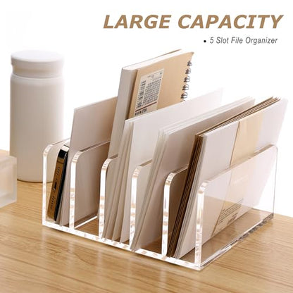 SANRUI 5 Compartments Acrylic Mail Sorter Holder, Clear Document Magazine Envelope File Rack, Vertical Letter Sorter & Multifunction Desk Organizer for Bills, Documents, Notebooks - size: 5 Compartments Rectangle