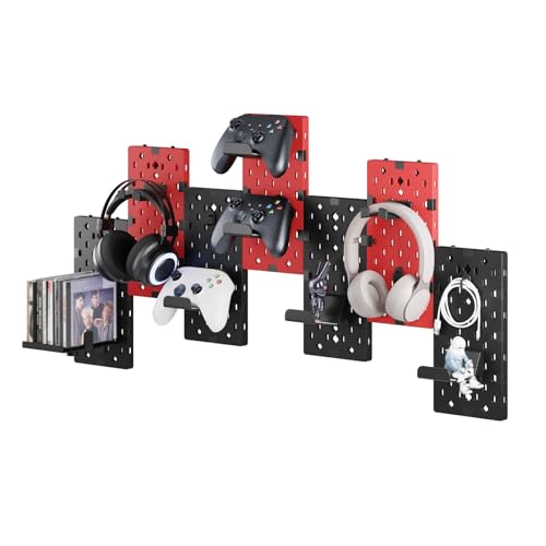 PEGZONE Controller and Headphone Holder Wall Mount, Modular Gaming Pegboard with Accessories, Controller Stand, Disc Shelf Organizer, 7pcs, Black & Red - color: Black & Red, size: 7 PCS