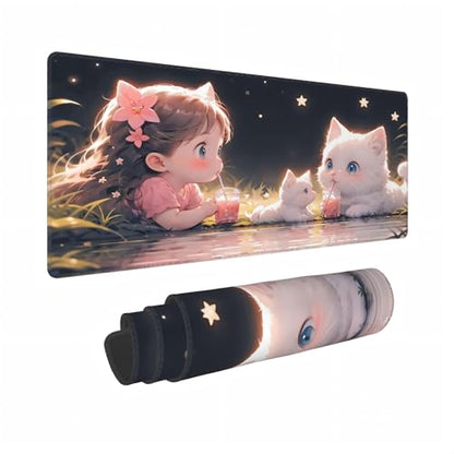 XXL Gaming Mouse Pad 35.4x15.7 inch, Kawaii Juice Cat Anime Theme Desk Mat, Pink Cute Girly Scene Large Mousepad,Fantasy Artistic Keyboard Mouse Mat (Juice Meow) - color: Juice meow